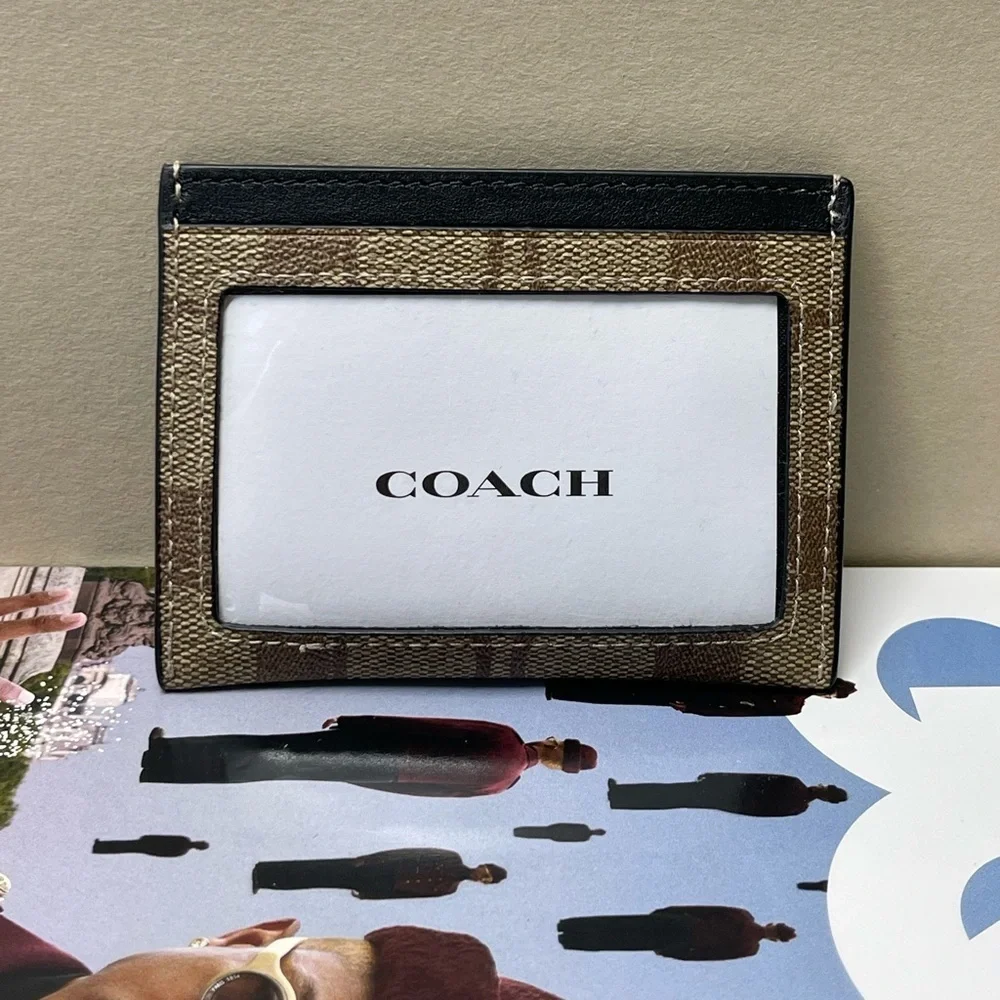 (new+tag+box) Coach Signature Monogram Card Holder Jacquard khaki brown black